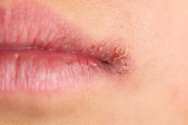 Sucha i pękająca skóra w kącikach ust. 